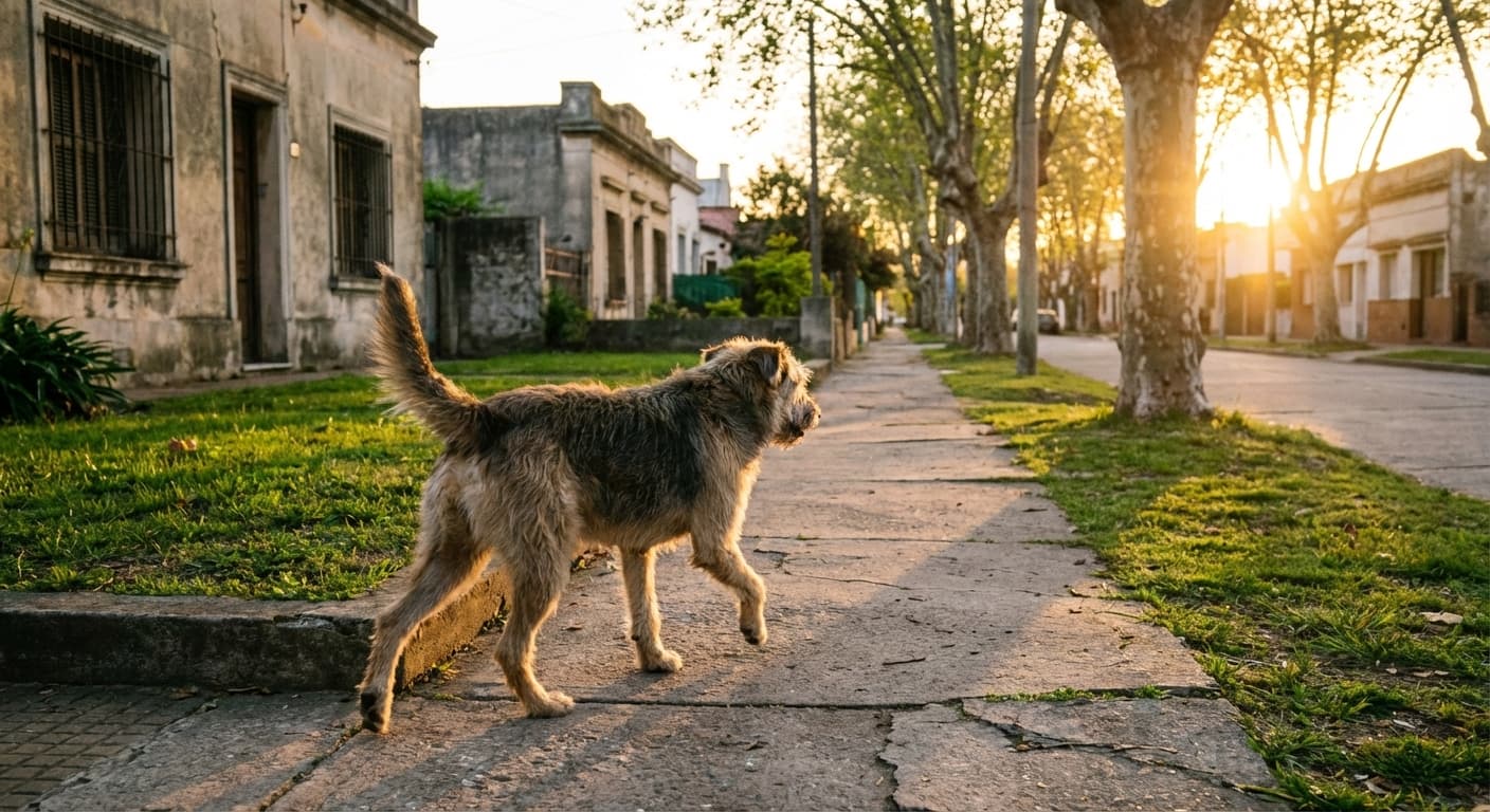 Perro caminando por una vereda uruguaya al atardecer