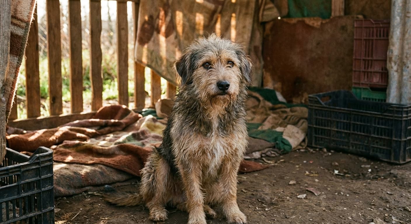 Perro rescatado en un refugio mirando a cámara