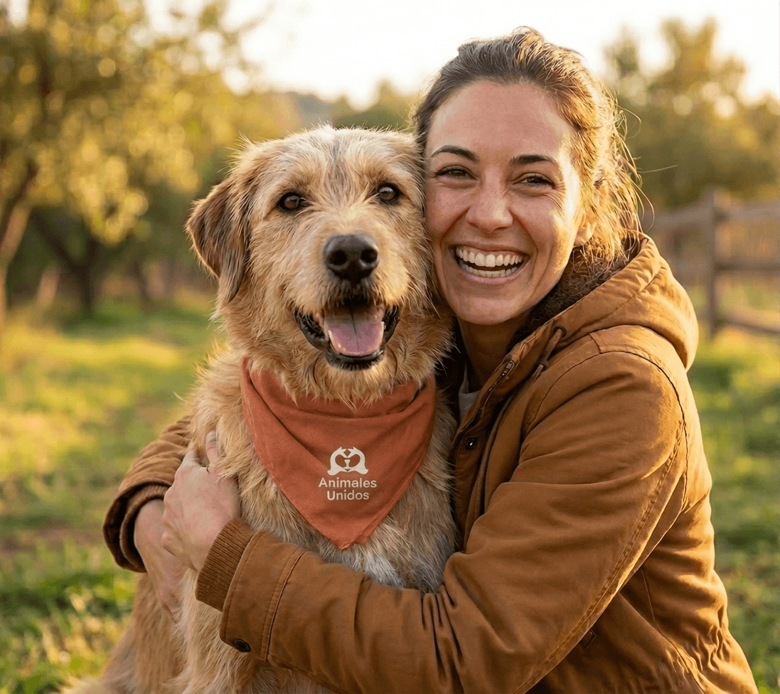 Voluntaria con perro rescatado usando pañuelo de Animales Unidos